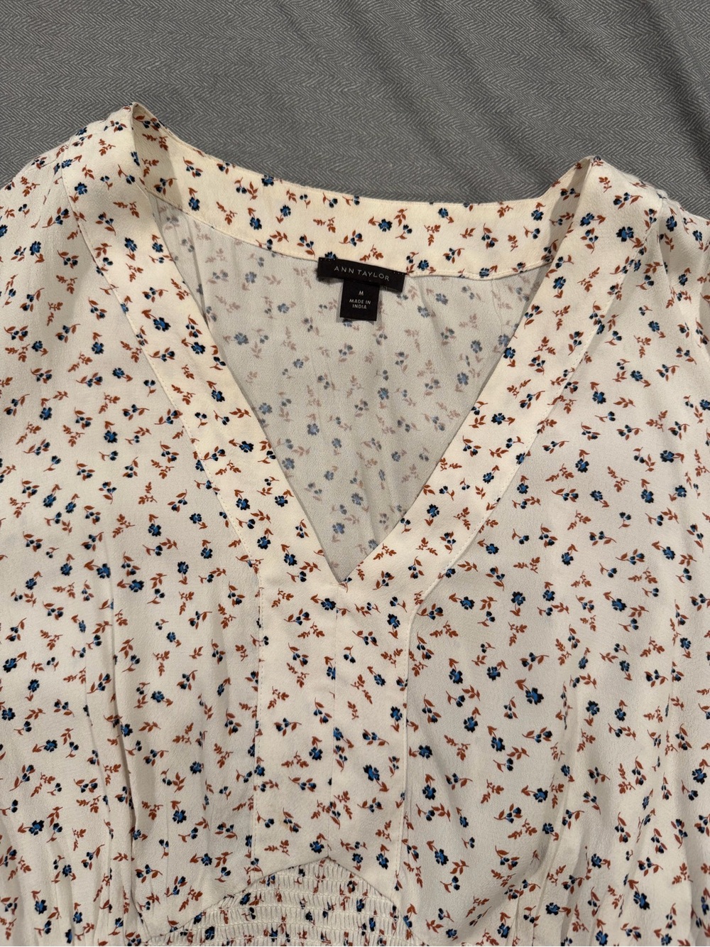 Ann Taylor Cream V-Neck Floral Print Blouse with Blue and Brown Accents